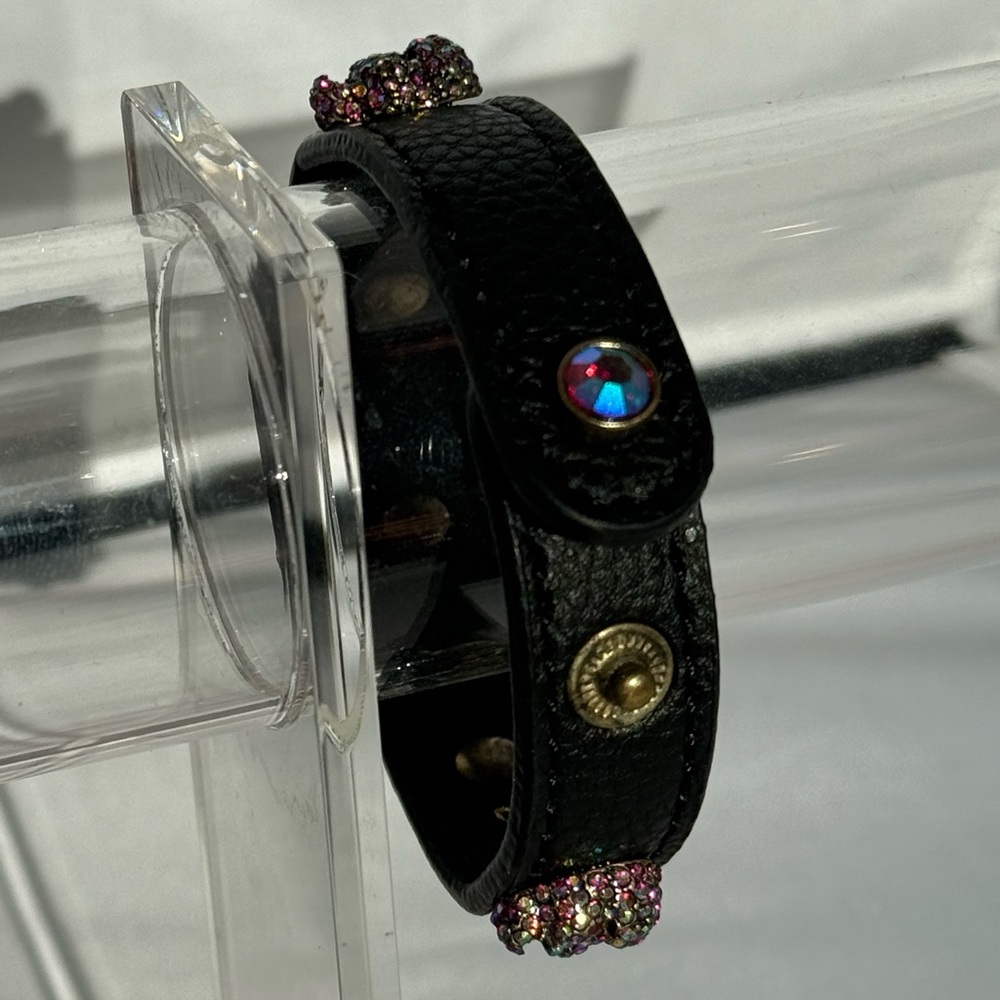Betsey Johnson Faux Stone Pave Skull Leather Snap Bracelet - Picture 7 of 10